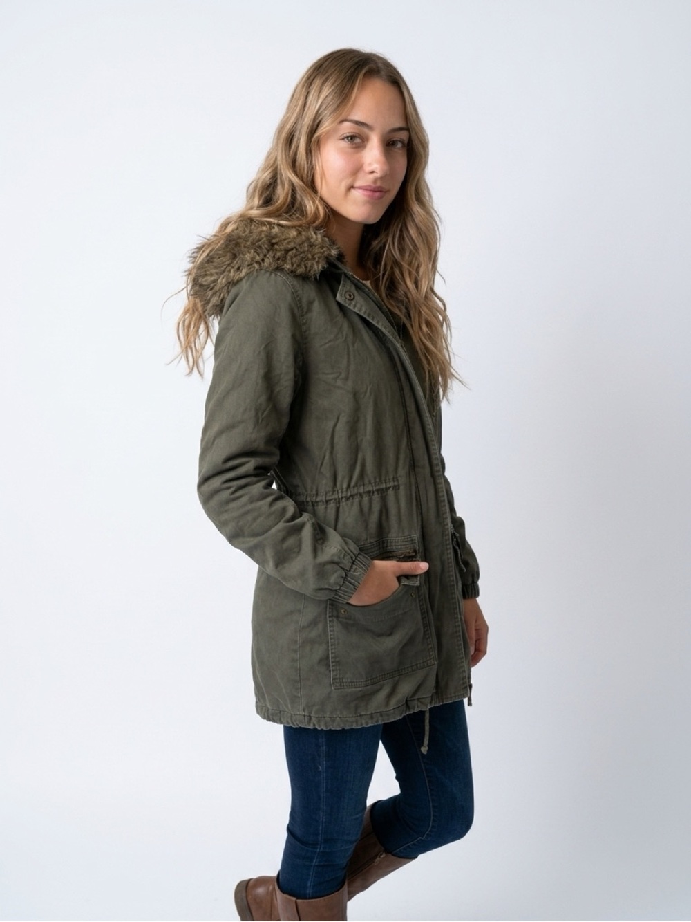 Olive Green Utility Parka Jacket Faux Fur Hood Military Cargo Coat
